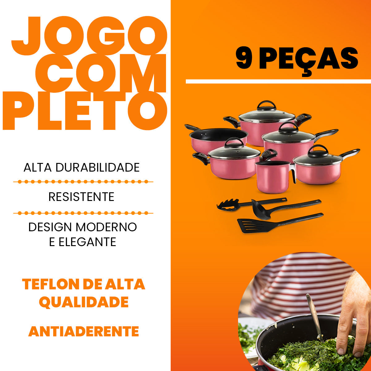 Jogo de Panelas Antiaderente 9 Peças - Rosa