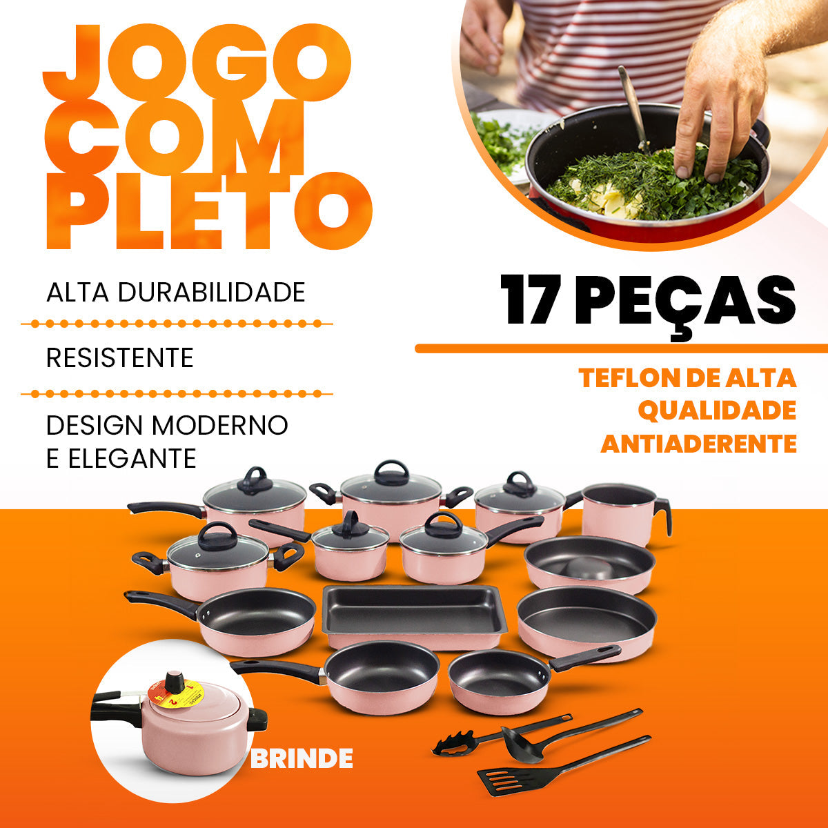 Conjunto De Panelas Antiaderente 17 Peças - Rosé