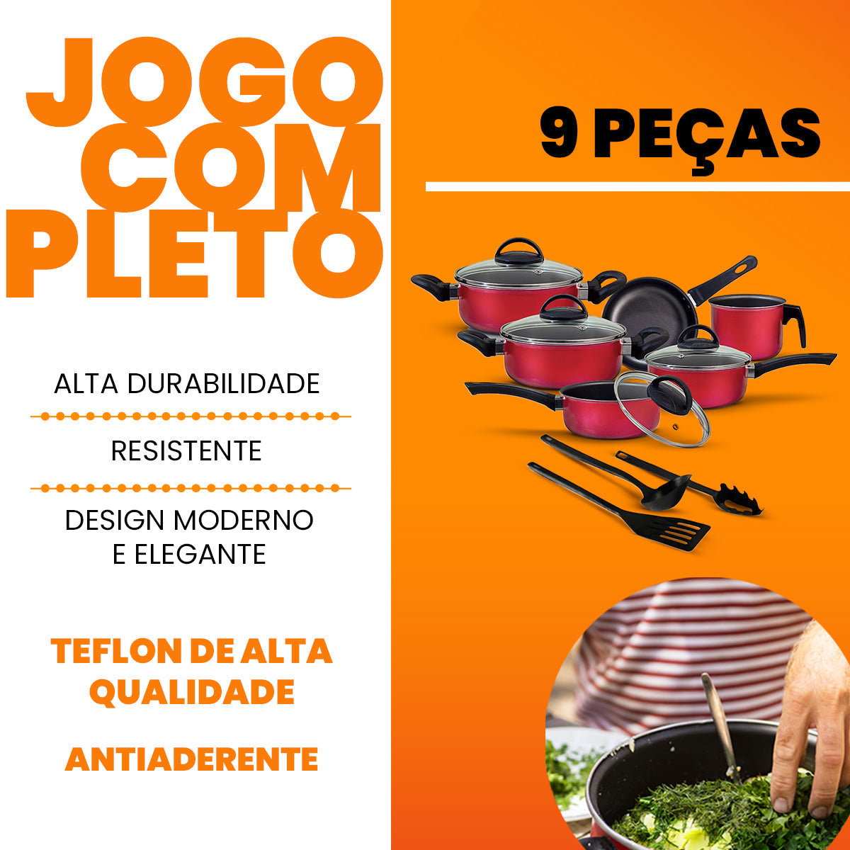 Jogo de Panelas Antiaderente 9 Peças - Vermelho