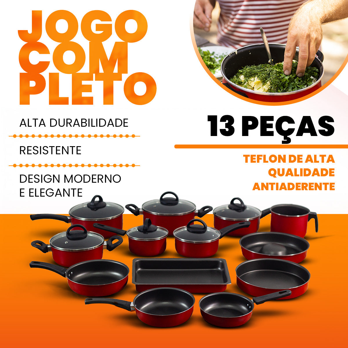 Jogo De Panelas 13 Peças Antiaderente - Vermelho