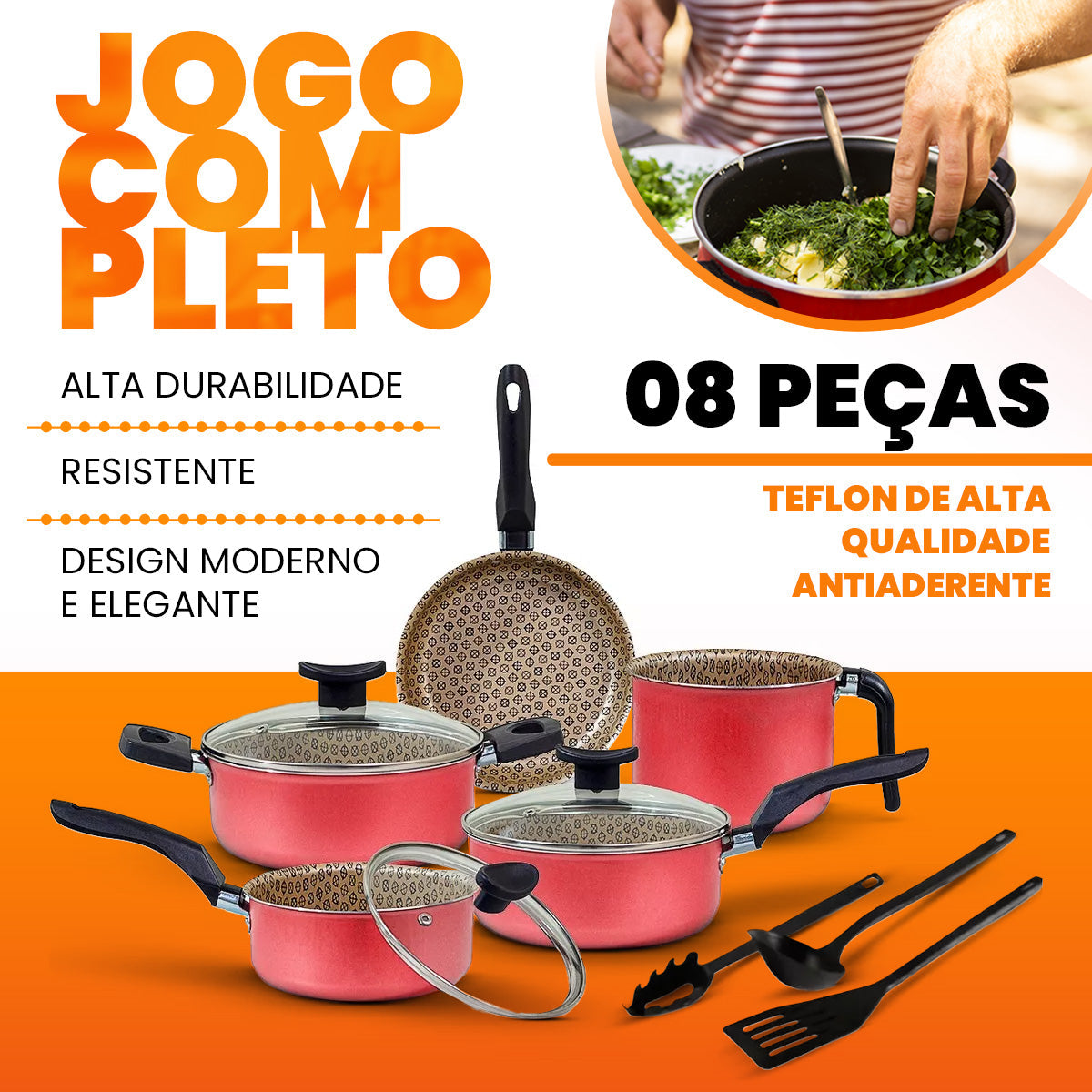 Jogo de Panelas Antiaderente 8 Peças Disegno - Cereja com Bege