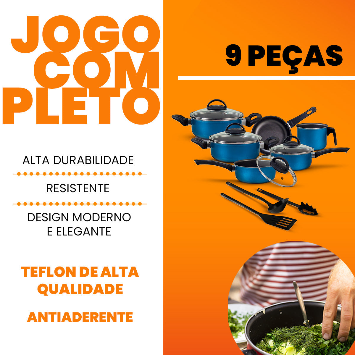 Jogo de Panelas Antiaderente 9 Peças - Azul