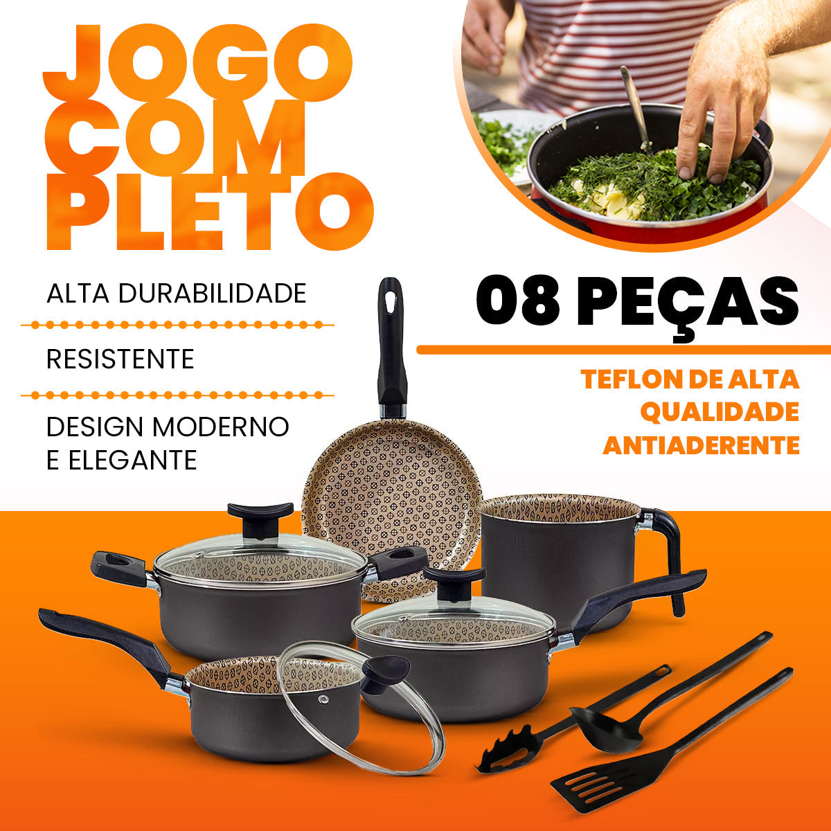 Jogo de Panelas Antiaderente 8 Peças Disegno - Preto com Bege