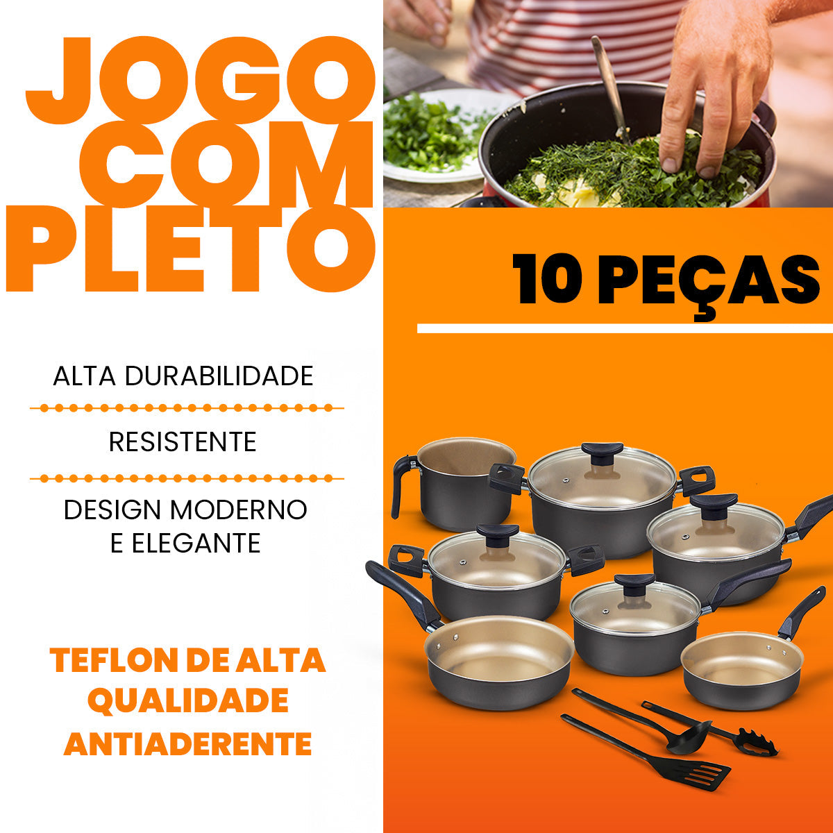 Jogo de Panelas Antiaderente 10 Peças - Preto com Bege