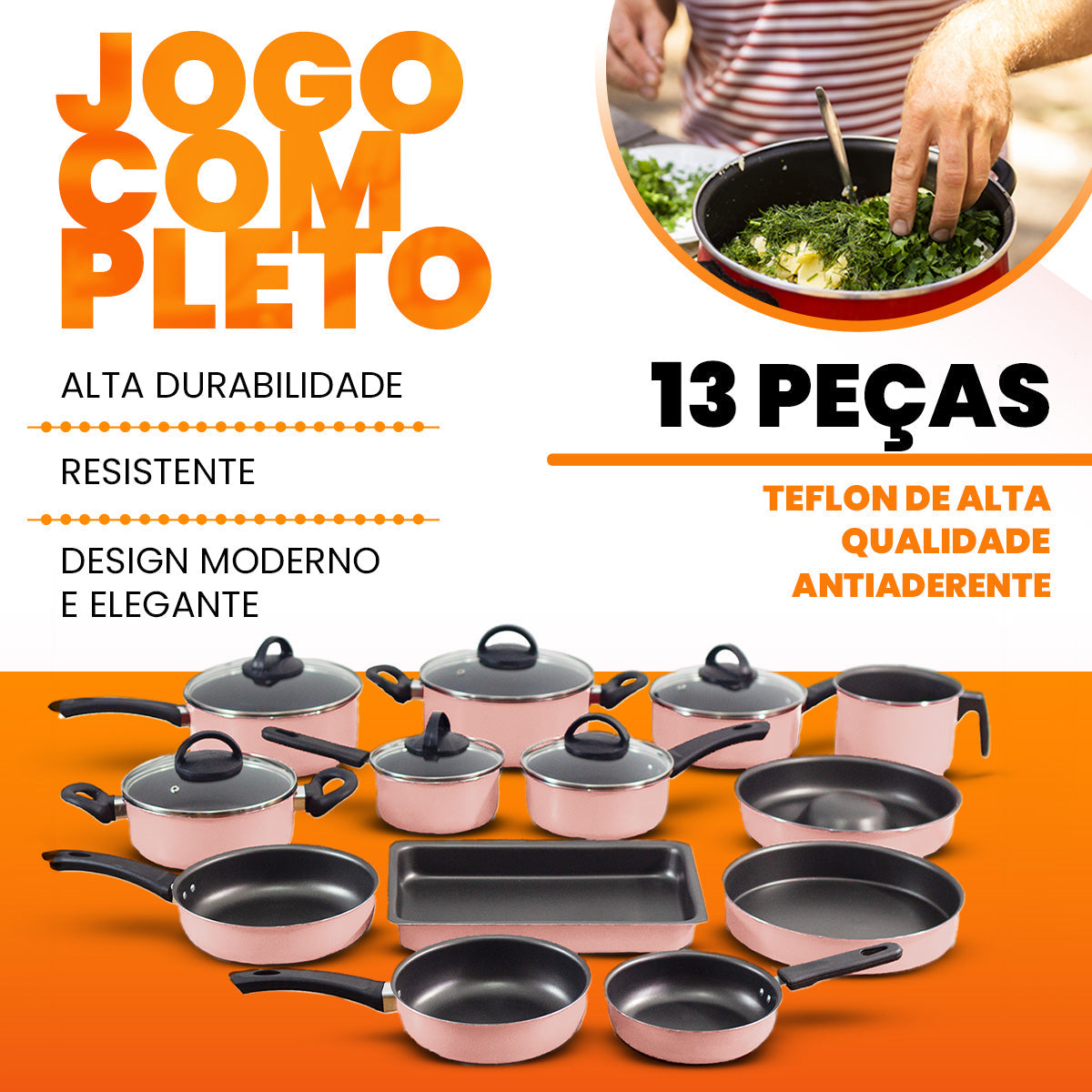 Jogo De Panelas 13 Peças Antiaderente - Rosé
